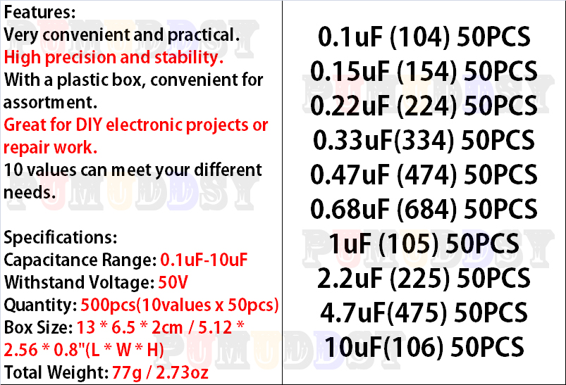 500 adet/grup 10 değer * 50 ad - Capacitor Kit Assortment incelemesi ve fiyatı